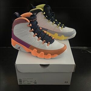 Women’s Air Jordan 9 Retro White Sneakers with Orange, Purple & Yellow Accents